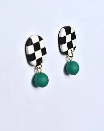 Chequered Oblong with Emerald Earrings