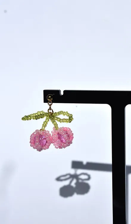 Pink Beaded Cherry Earrings