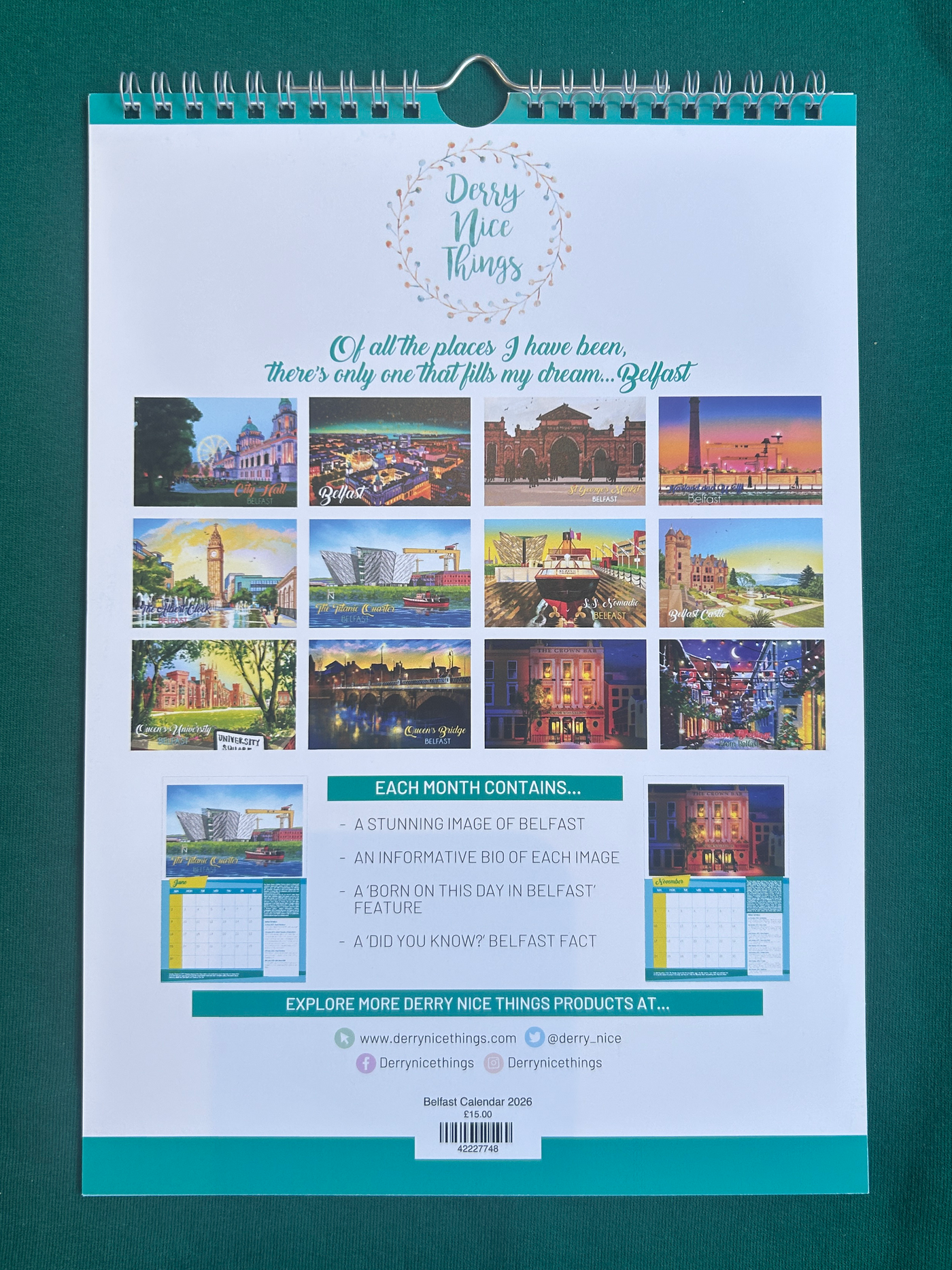 Calendar with images of Belfast landmarks on a green background