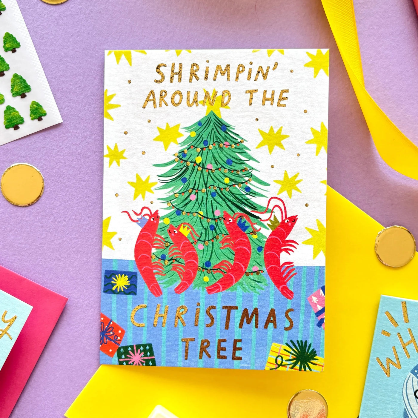 Shrimpin Around The Christmas Tree Christmas Card | Kerrie Illustrates